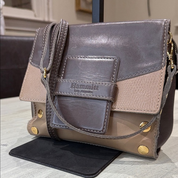 Hammitt Handbags - Hammitt Gray and Tan Leather Clutch with Gold Details